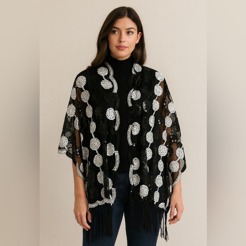 Elegant Black & White Sequin Shawl with Fringe – Semi-Sheer Evening Wrap